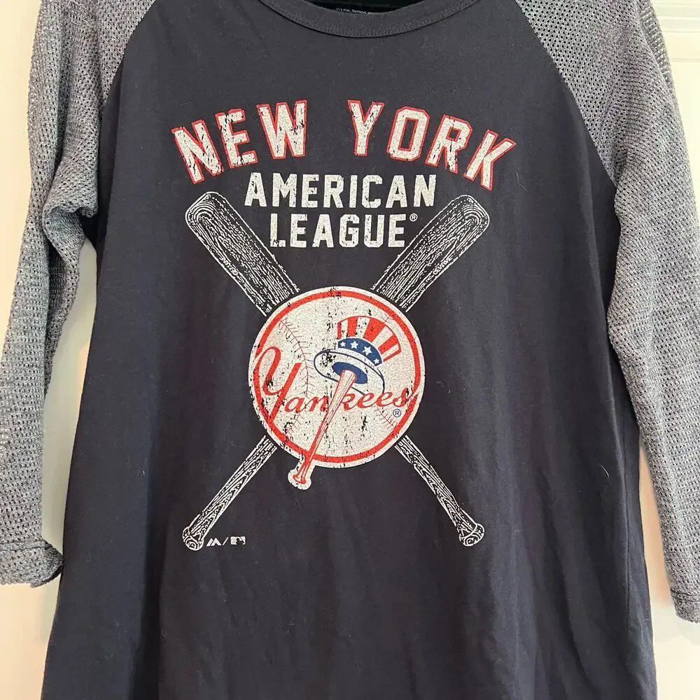 Majestic Threads Women's NY Yankees Two Tone Longsleeve Grey Black Sz L - Picture 2 of 9